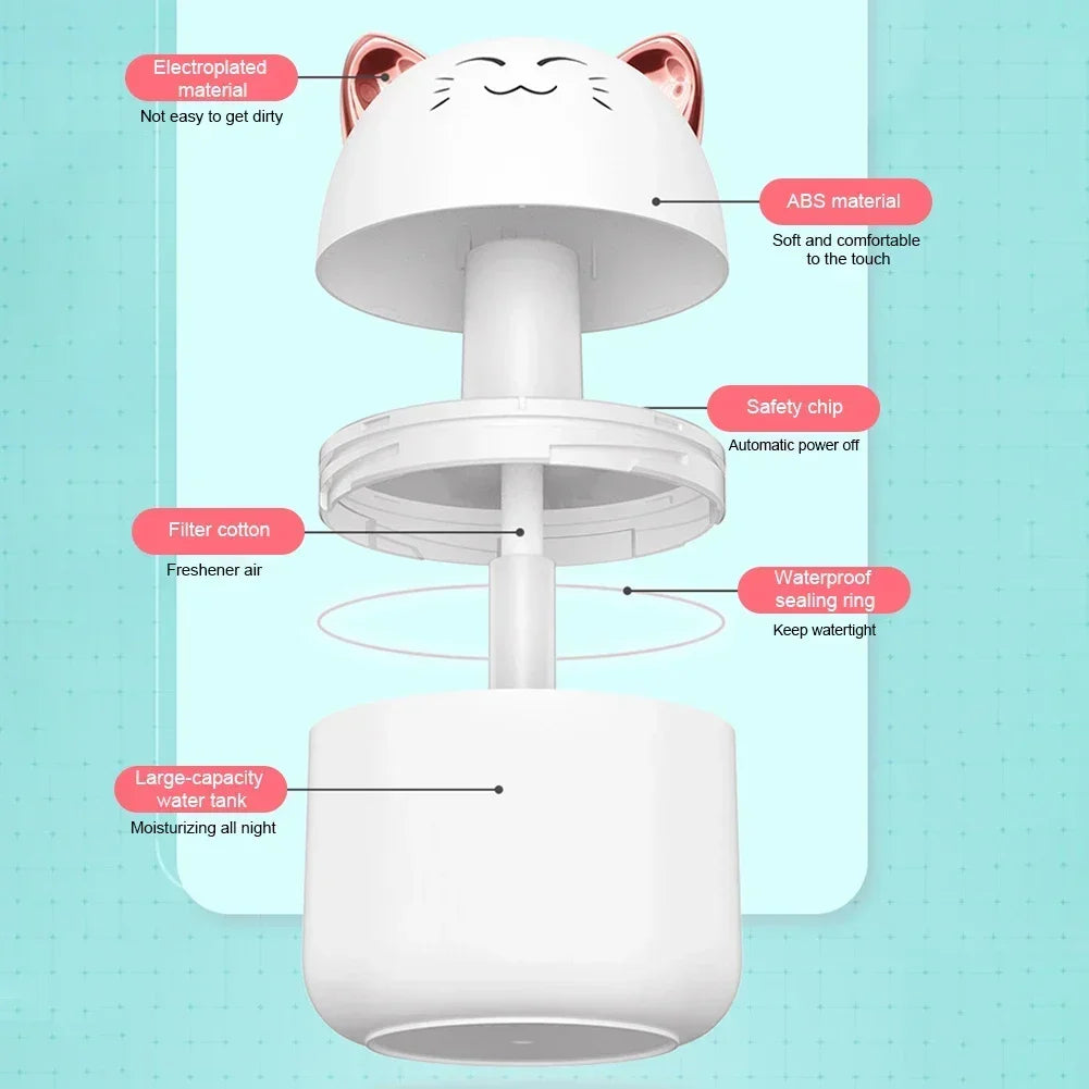 Humidificador de escritorio con luz ambiental colorida.